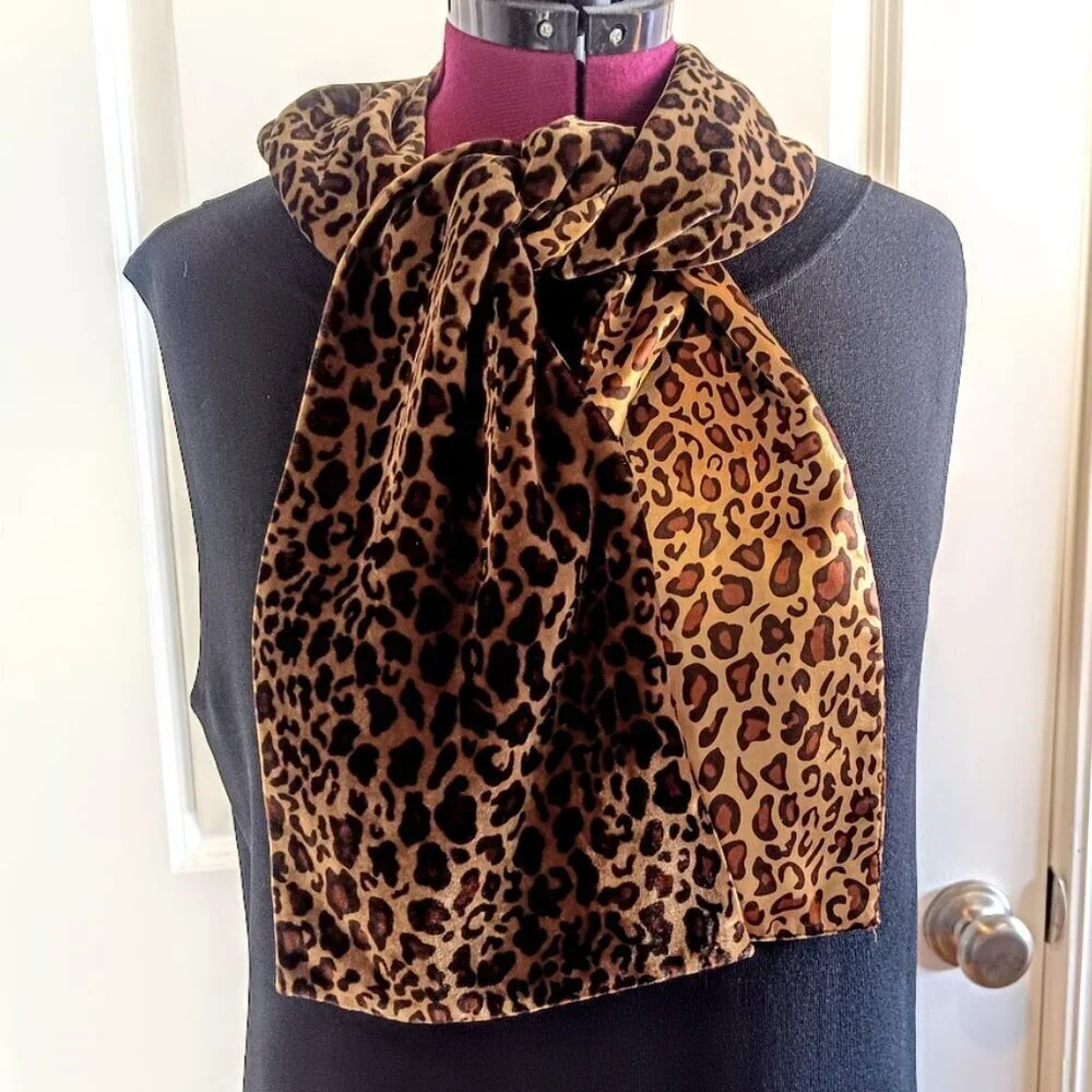 Brown Animal Print Silk Velvet Oblong Scarf